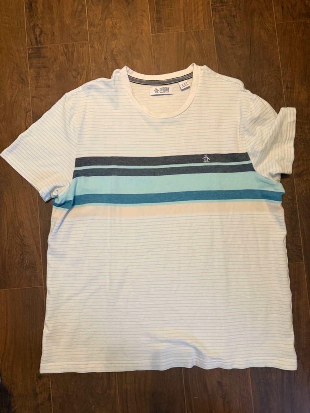 Original Penguin White Short-Sleeve Crewneck Tee with Blue Stripe Accents
